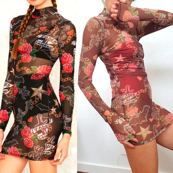 Jaded London Dresses & Skirts - Nwot Jaded sheer rose print tattoo JPG style dress S